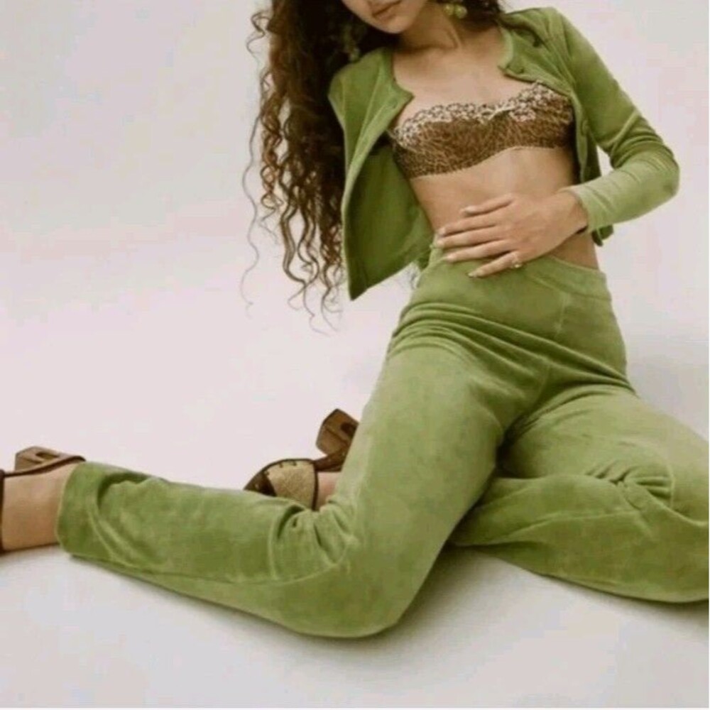 Peachy Den Designer Womens Sz XS Celeste Velour Pants Green Grape
